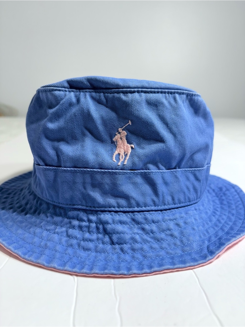 Polo by Ralph Lauren Blue Bucket Hat with Pink Pony Embroidery
